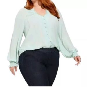 Torrid Blouse Woman Plus 6X Feminine Georgette Smocked Sleeve Harbor Grey NWT